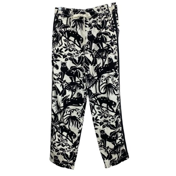 MAEVE BY ANTHROPOLOGIE TENLEY BLACK WHITE JUNGLE ANIMAL PRINT TWILL TRACK PANTS - Picture 4 of 11